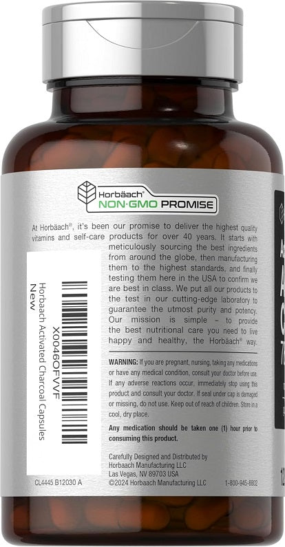 Horbaach ActiCoal Activated Charcoal 780mg supplement bottle back label with barcode