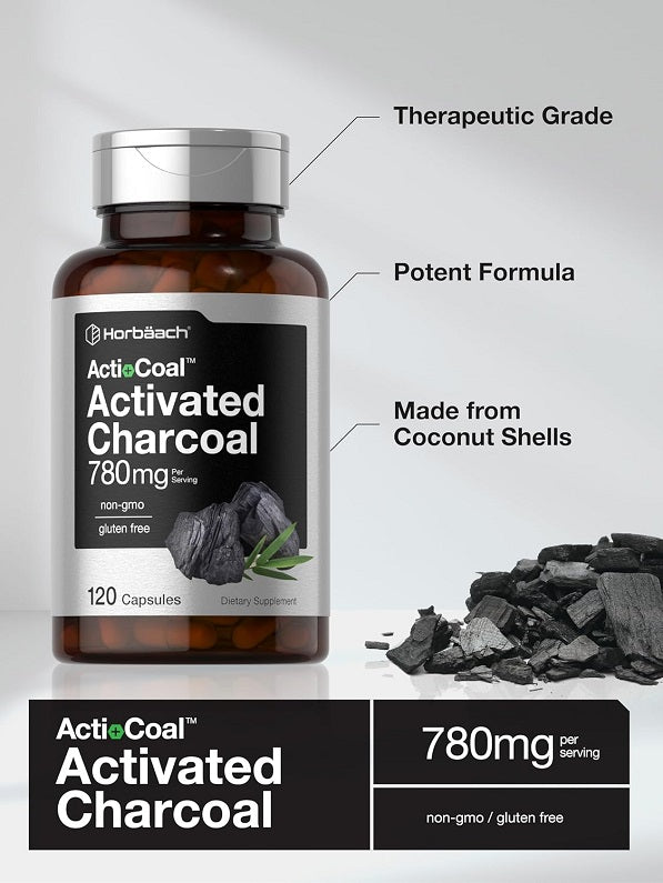 Horbaach Activated Charcoal 780mg bottle with dietary supplement label, 120 capsules