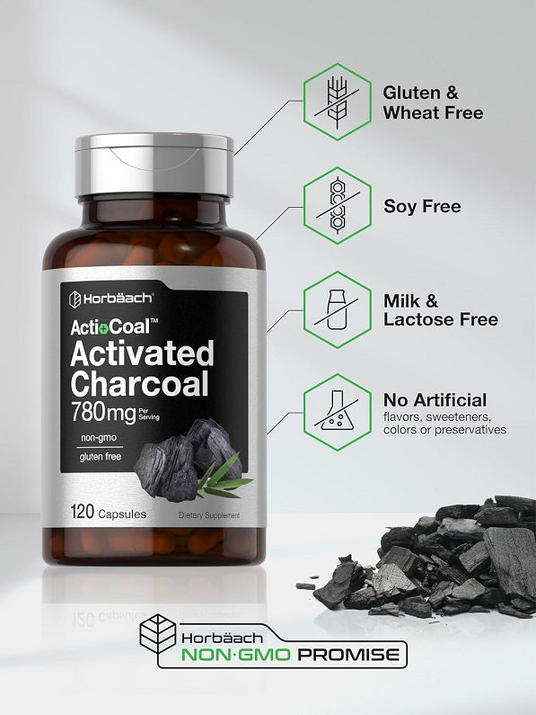 Horbaach ActiCoal Activated Charcoal 780mg bottle with gluten, soy, and lactose free badges