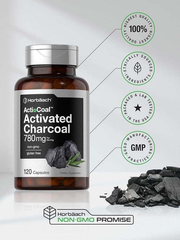 Horbaach ActiCoal Activated Charcoal 780mg bottle with GNP promise and quality seals