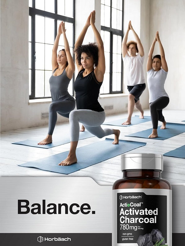 Horbaach ActiCoal Activated Charcoal 780mg bottle beside people doing yoga on mats
