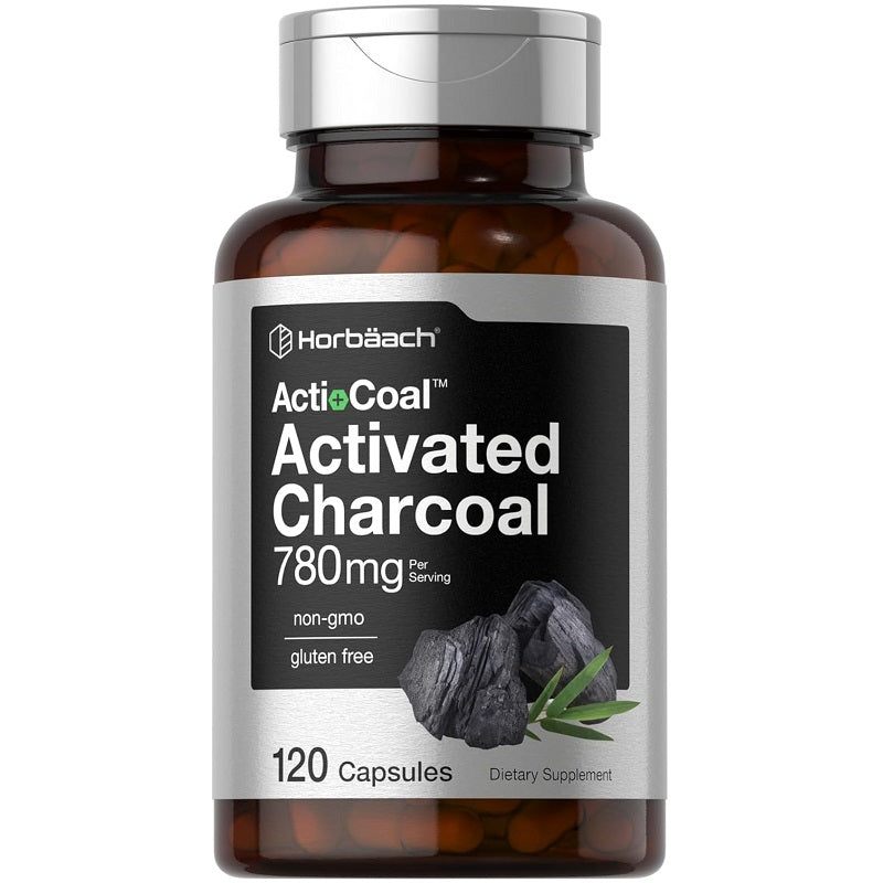 Horbaach ActiCoal Activated Charcoal supplement bottle, 780mg, 120 capsules