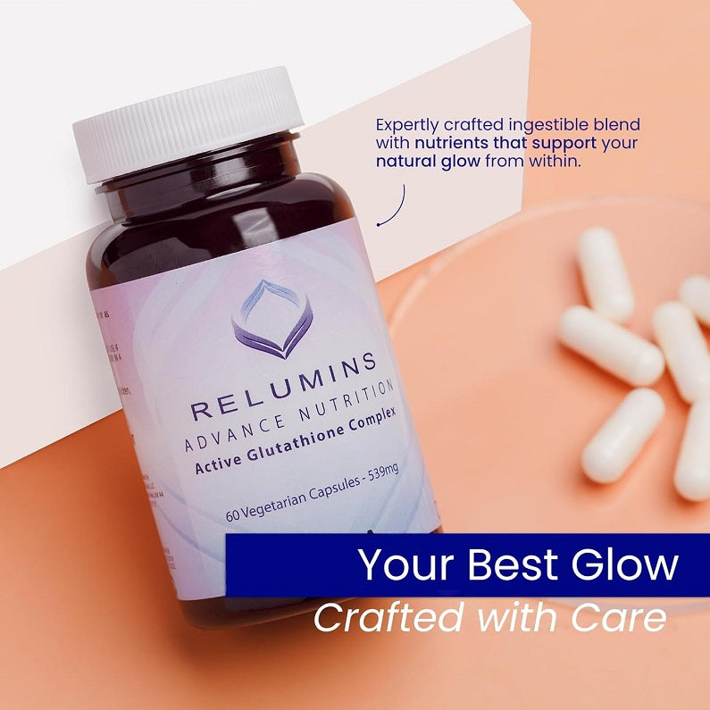 Relumins Advance Nutrition bottle with white cap beside visible white capsules