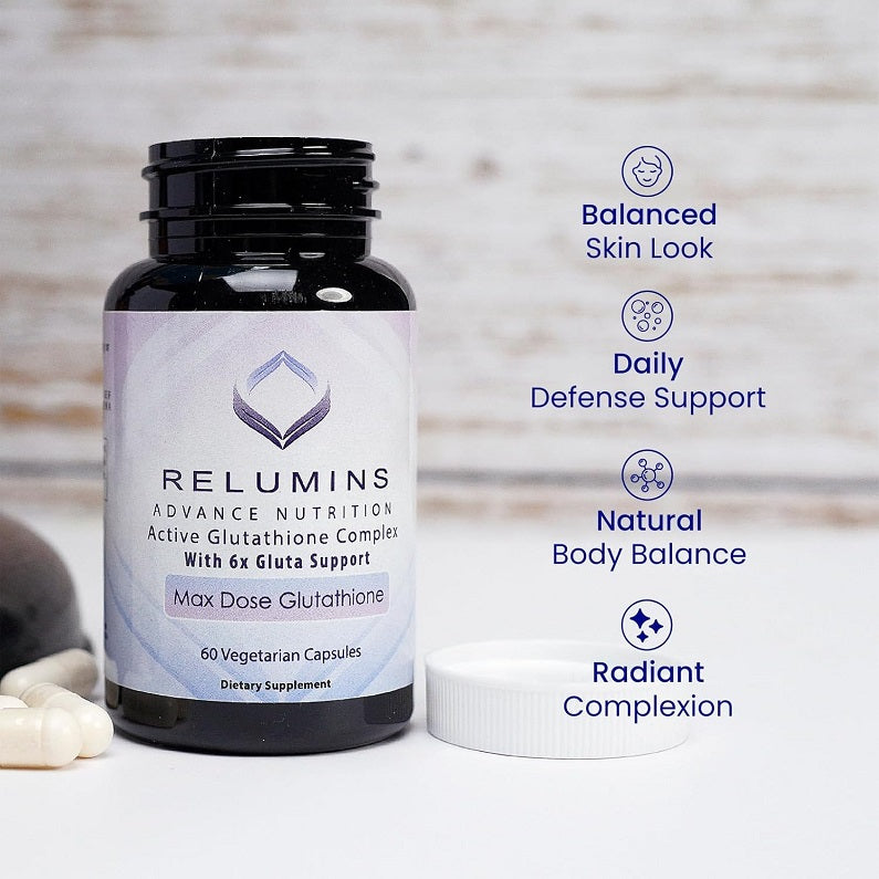 Relumins Active Glutathione Complex supplement bottle with white cap and wellness icons