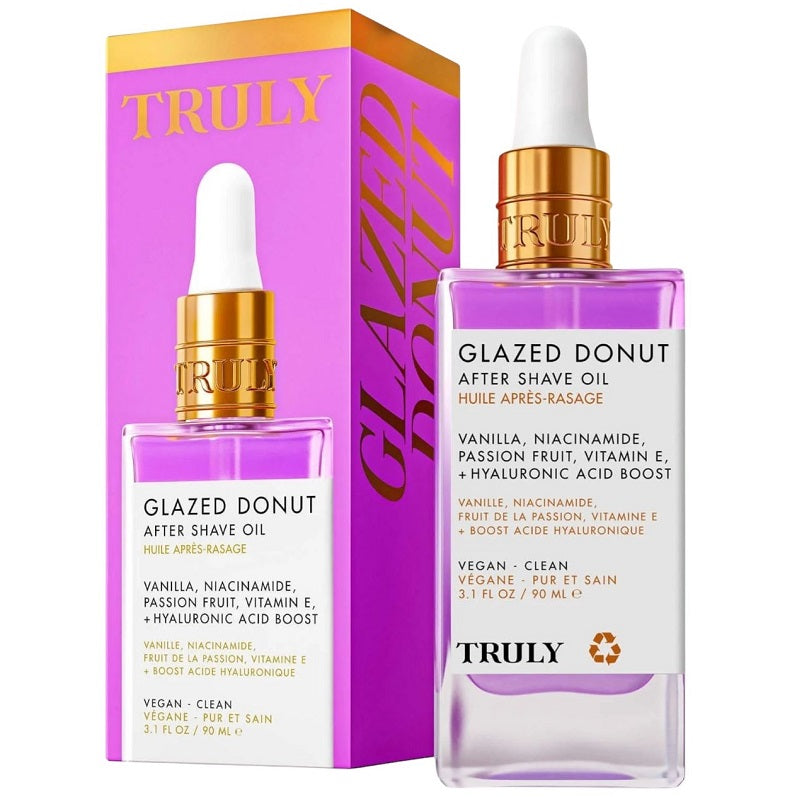 After shave oil with Glazed Donut label, purple bottle and gold pump beside matching box