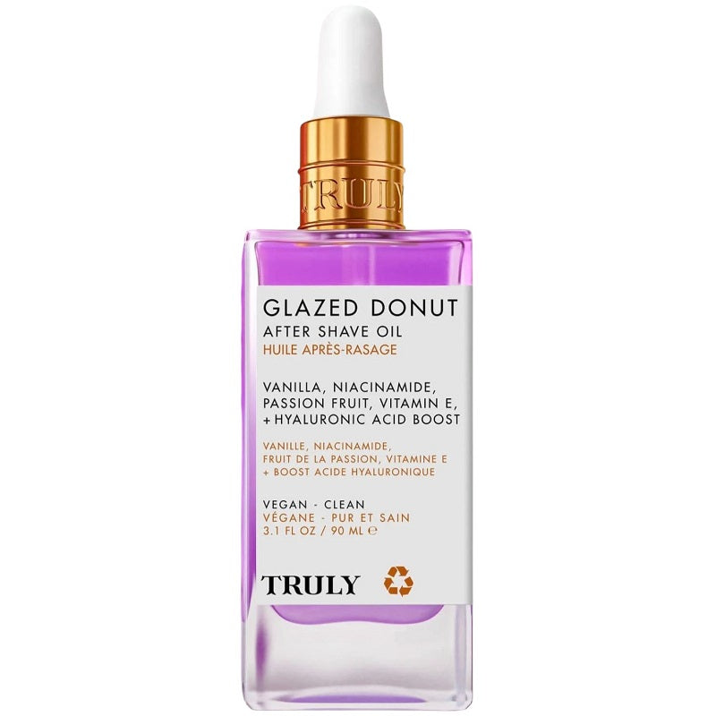 After shave oil bottle, Glazed Donut purple glass with gold pump and white cap