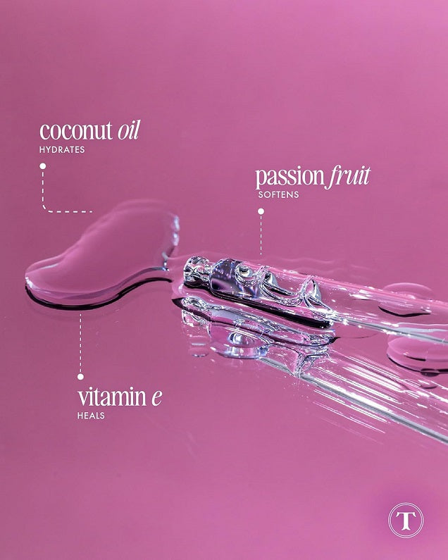 Product benefit graphic highlighting coconut oil, vitamin E, and passion fruit