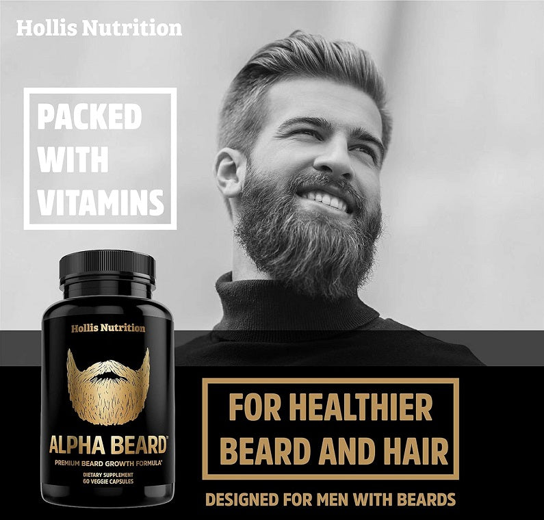 Hollis Nutrition Alpha Beard supplement bottle with gold beard illustration