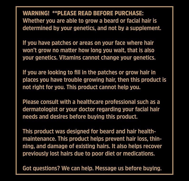 Alpha Beard warning label panel with usage and genetic disclaimer text