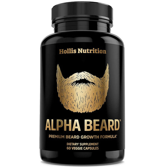 Hollis Nutrition Alpha Beard premium growth formula supplement bottle, 60 veggie capsules
