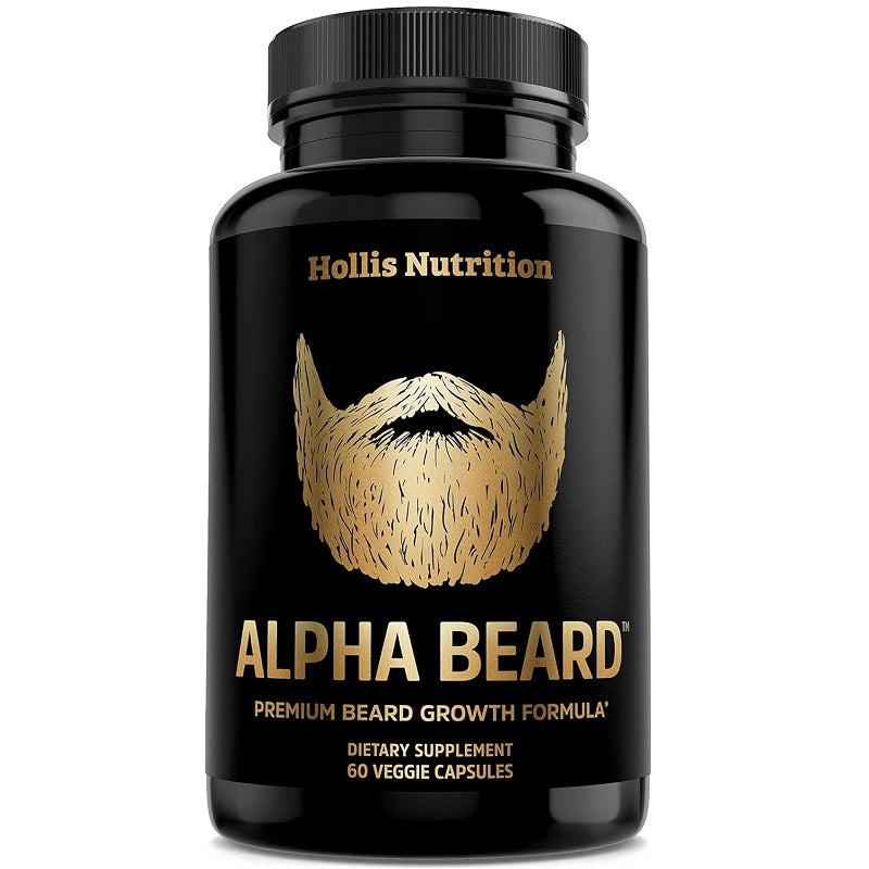 Hollis Nutrition Alpha Beard premium growth formula supplement bottle, 60 veggie capsules