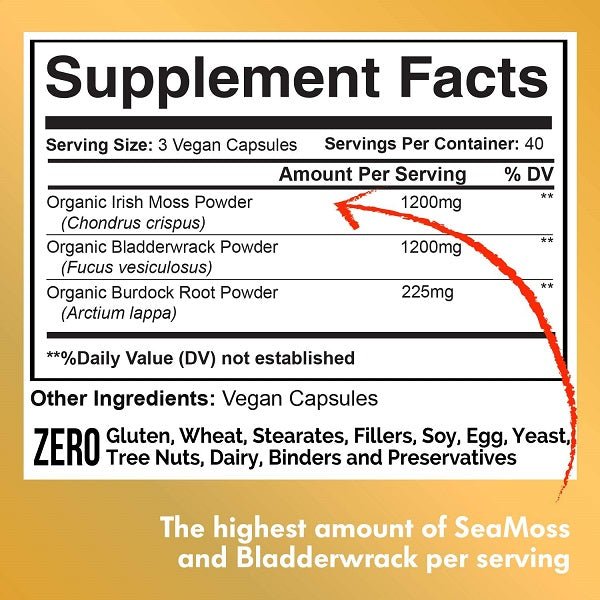 Sea moss supplement facts label with servings and organic ingredients list