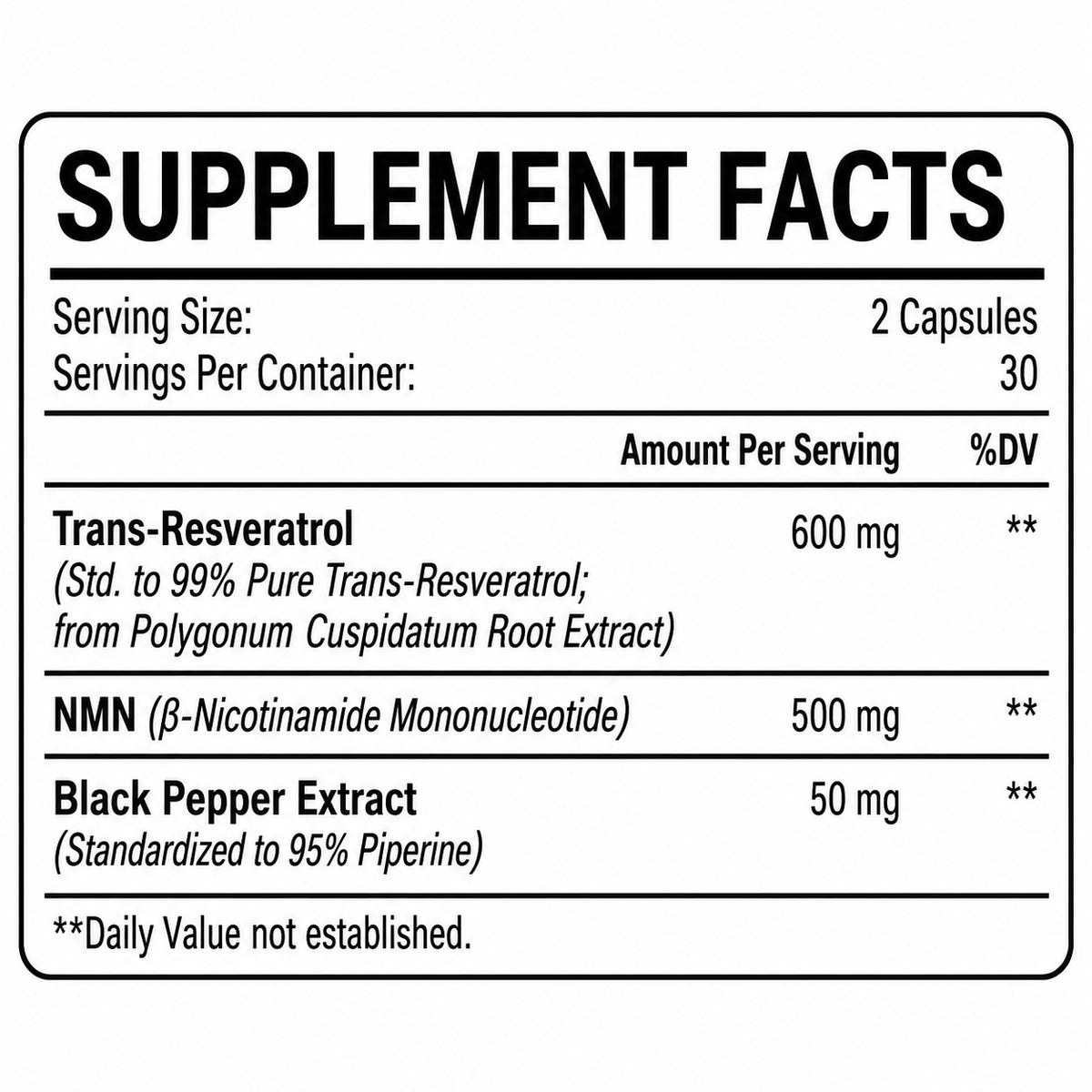 Supplement facts panel with serving size 2 capsules and ingredient amounts listed