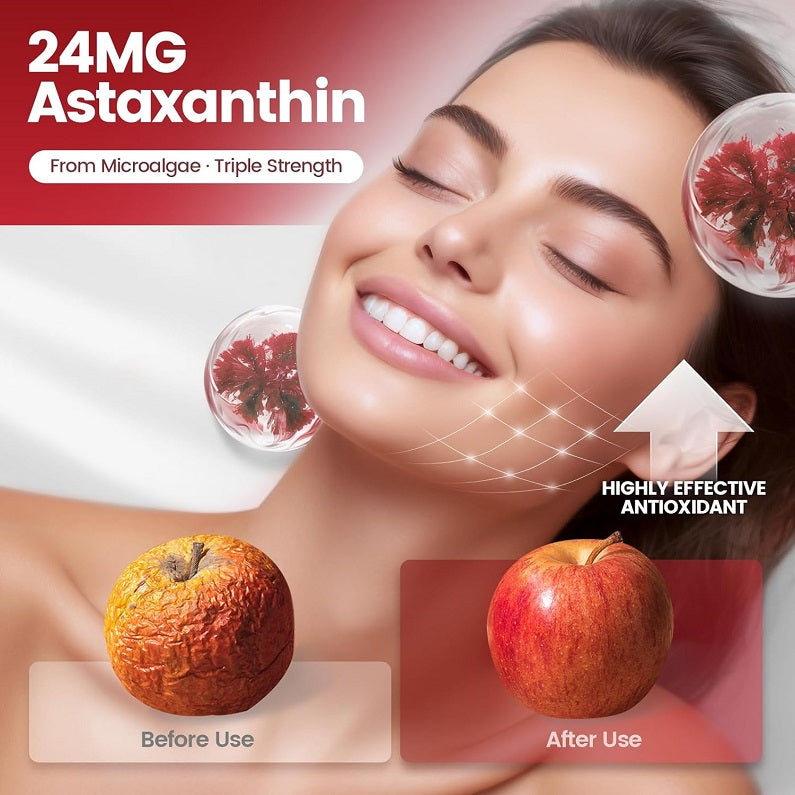 Antioxidant softgel concept graphic with two softgels and before-and-after skin effects