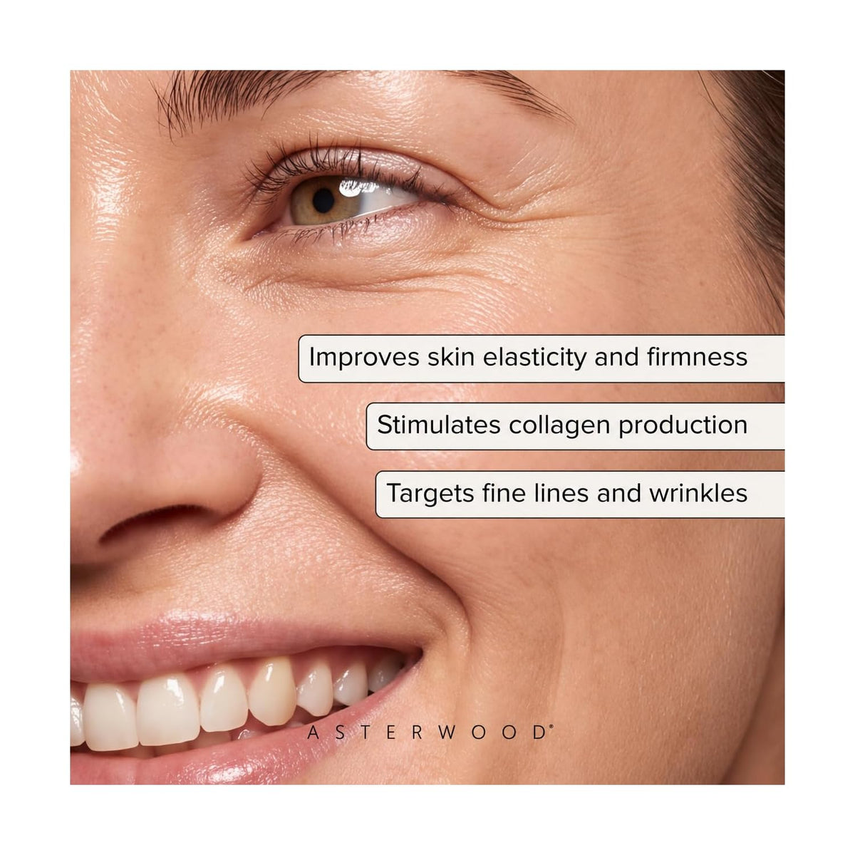 Skincare result close-up: firmer-looking skin around eye and smile.