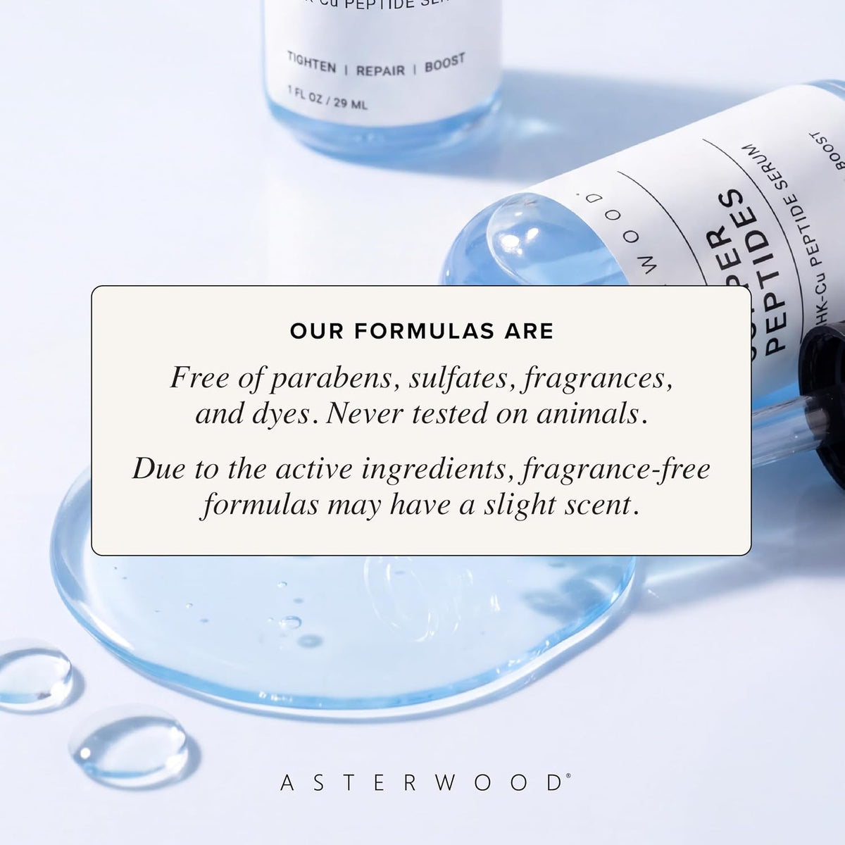 Copper peptides serum bottle with blue gel droplets and formula callout.
