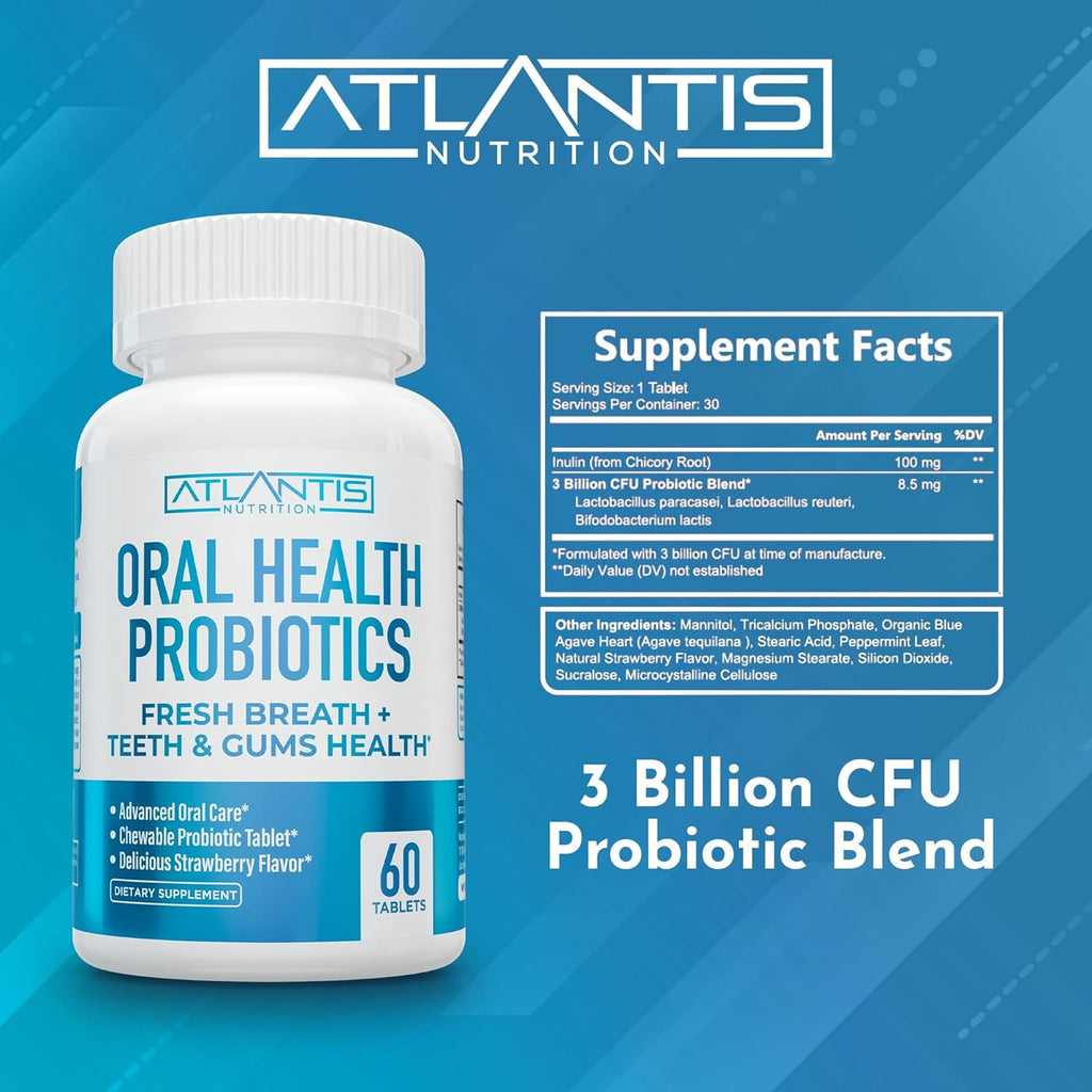 Oral health probiotic supplement bottle, label reads Oral Health Probiotics, 60 tablets