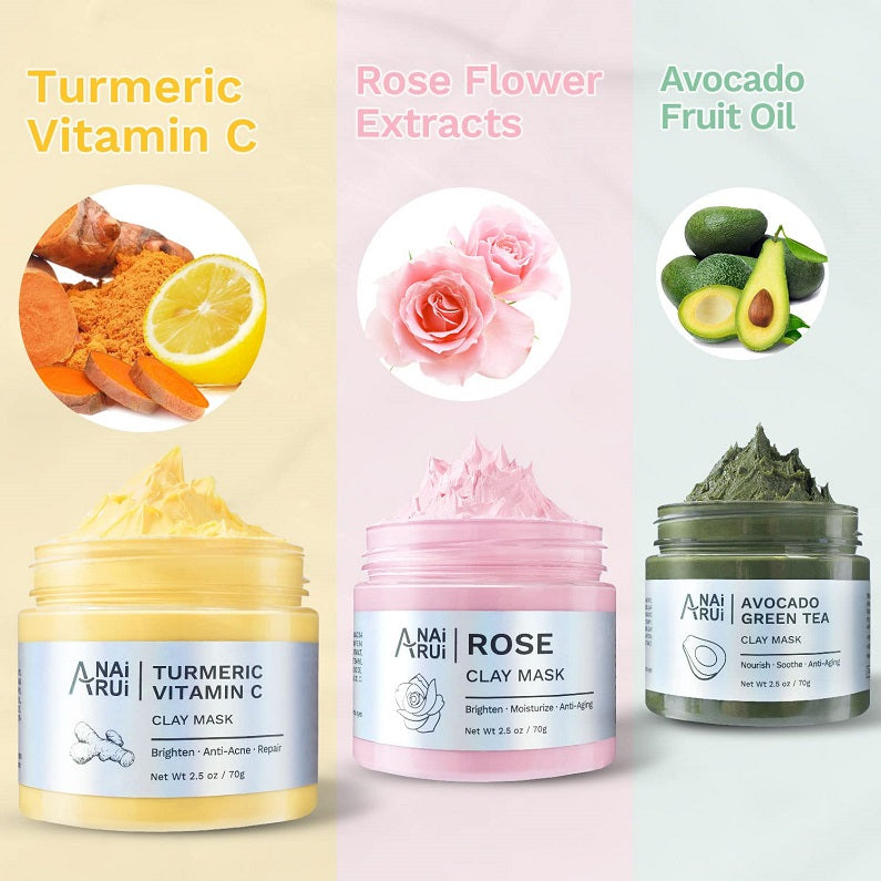 3-pack clay mask jars: turmeric vitamin C, rose, and avocado green tea