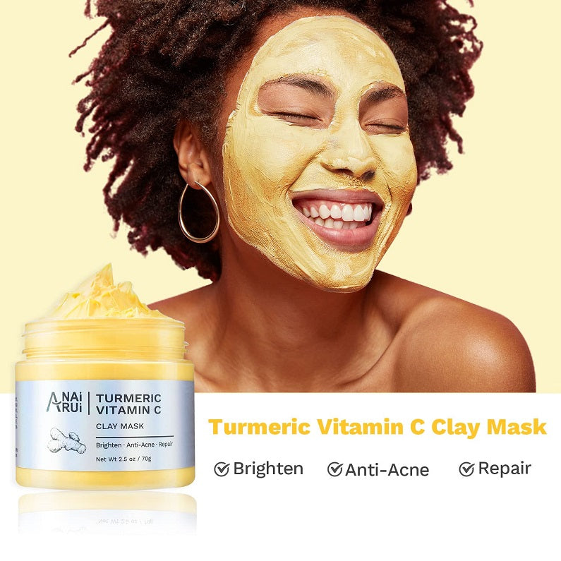 Turmeric Vitamin C clay mask jar with golden facial mask on person