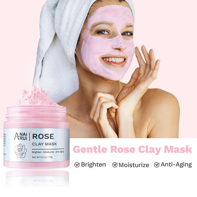 Rose clay mask jar with pink facial mask on person