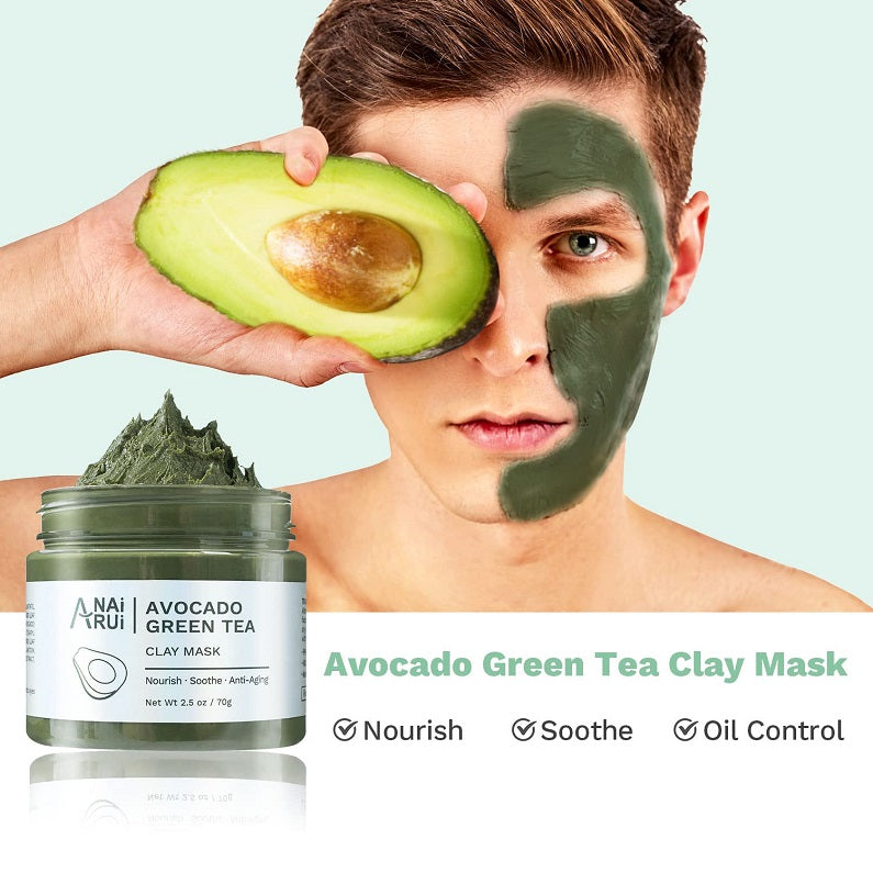 Avocado green tea clay mask jar with green facial mask and avocado half