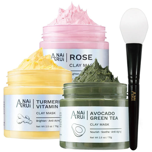 Facial mask set: turmeric, rose, avocado clay masks with applicator brush