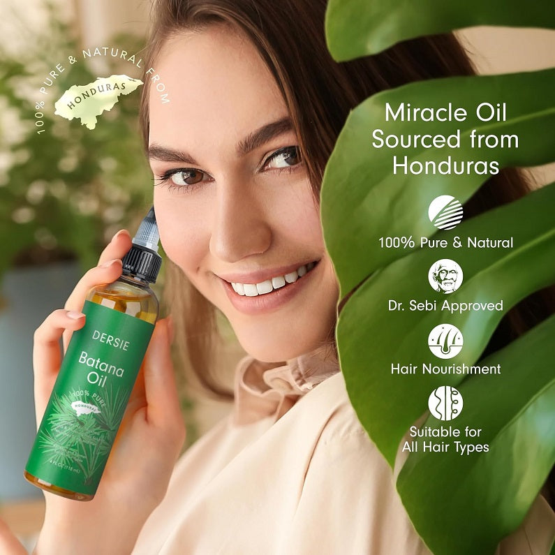 Batana oil bottle held in hand; "Miracle Oil" and "Sourced from Honduras" overlay