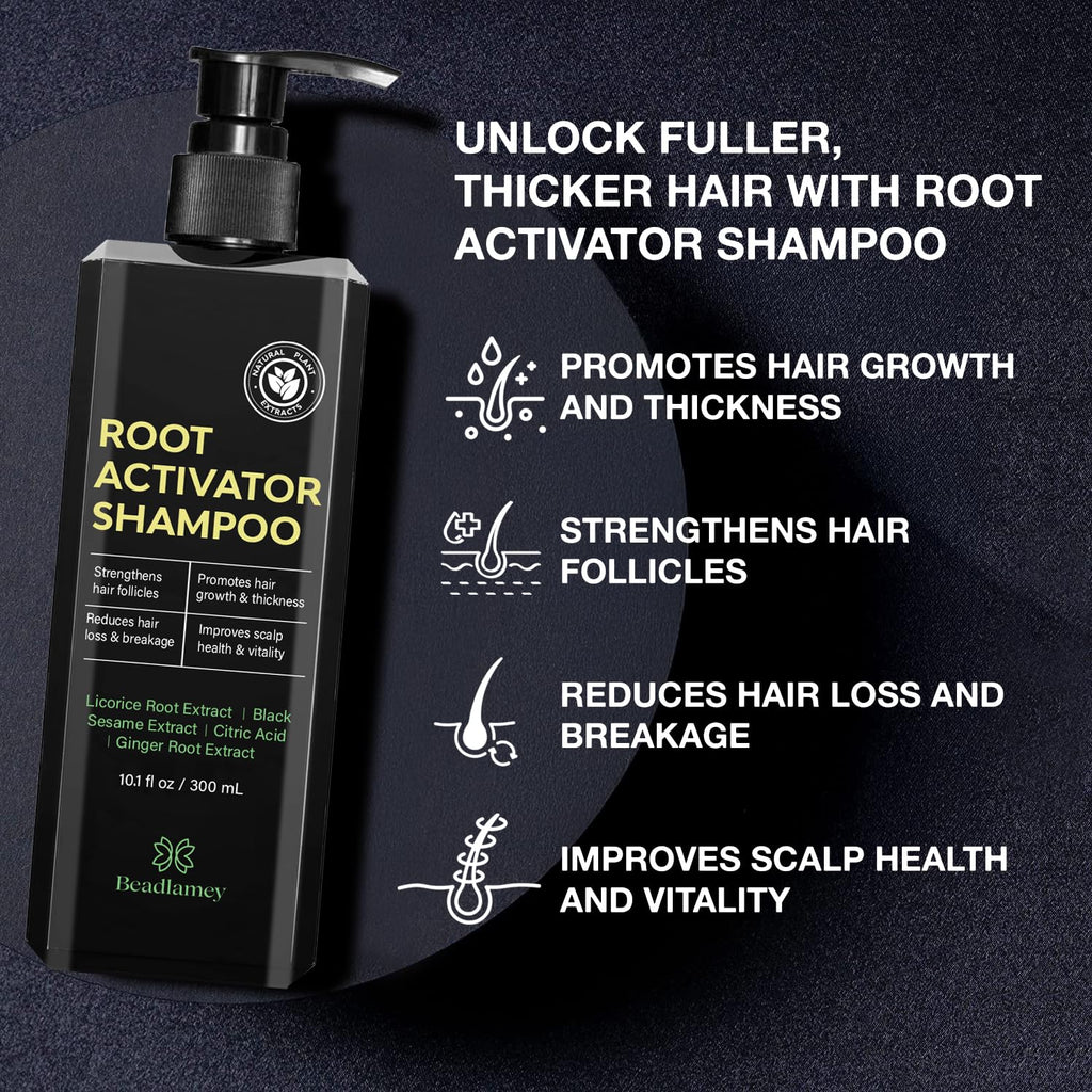 Root activator shampoo bottle with black pump, 300 ml dark label