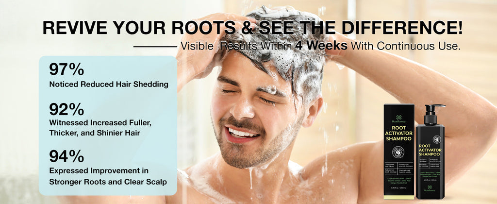 Shampoo bottles with pump shown beside man washing hair on promotional card