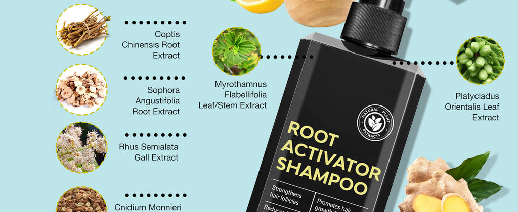 Root activator shampoo bottle with plant extract icons on ingredient layout