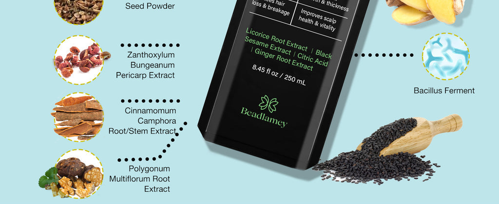 Root activator shampoo bottle surrounded by seed and plant ingredient icons
