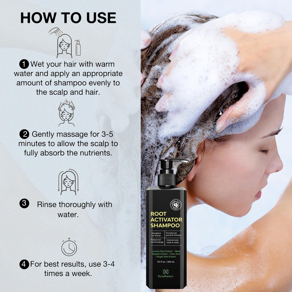 How-to use graphic with shampoo bottle and woman lathering hair