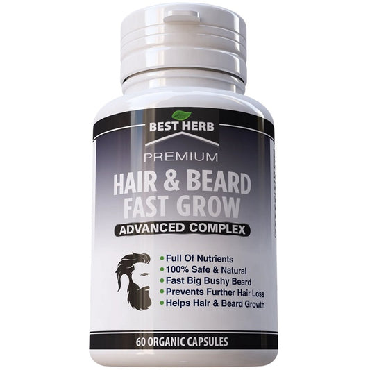 Hair and beard growth supplement bottle, front label, 60 organic capsules