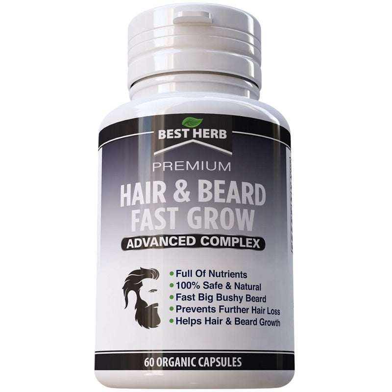Hair and beard growth supplement bottle, front label, 60 organic capsules