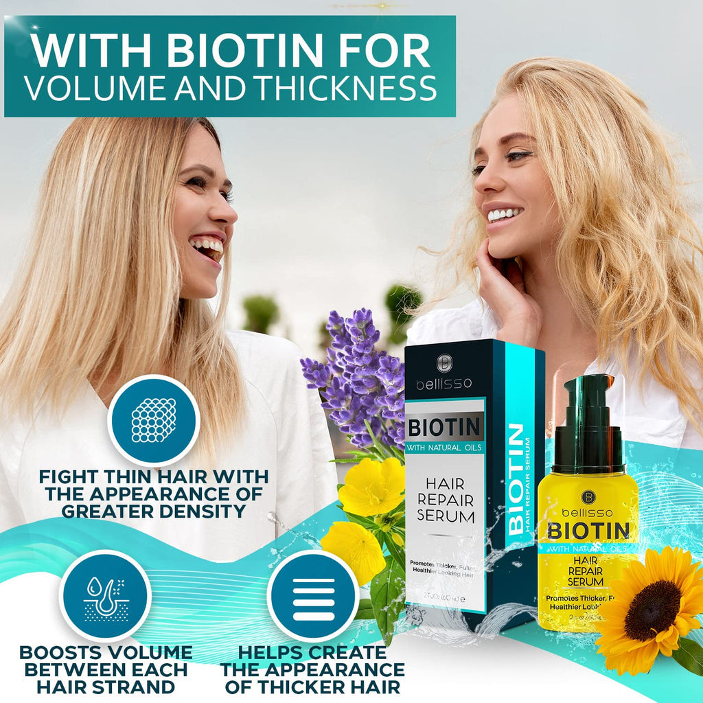 Bellisso Biotin hair repair serum with pump bottle and box packaging