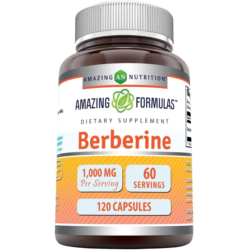 Berberine HCl supplement bottle, 1,000 mg per serving, 120 capsules