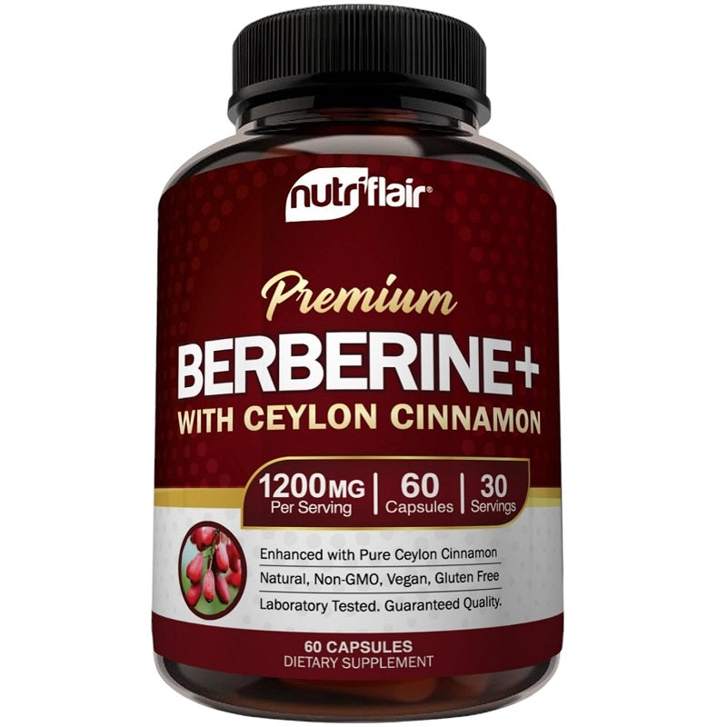 Premium Berberine+ with Ceylon Cinnamon 1200 mg supplement bottle, 60 capsules