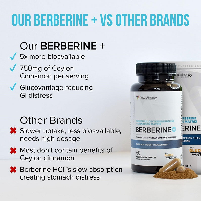 Dihydroberberine + cinnamon supplement bottle with cinnamon pieces and blue label