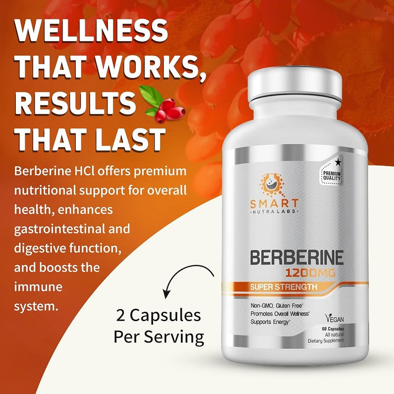 Berberine 1200mg bottle showing wellness claims and 2 capsules per serving
