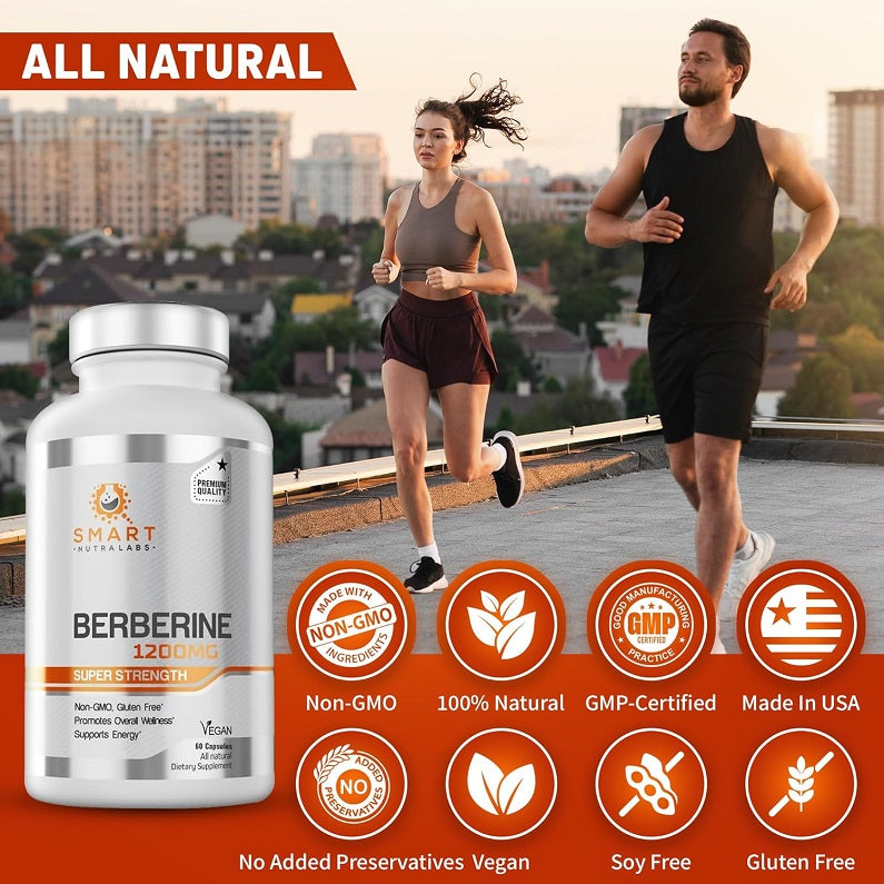 Berberine 1200mg bottle with non-GMO and vegan icons on the packaging