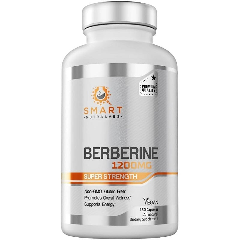 Berberine 1200mg supplement bottle with silver cap and Smart Nutra Labs label