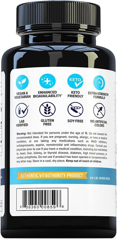 Dihydroberberine + cinnamon supplement bottle, back label with blue ingredient icons