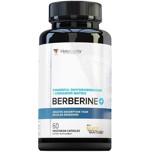 Dihydroberberine + cinnamon supplement bottle, black cap and blue front label