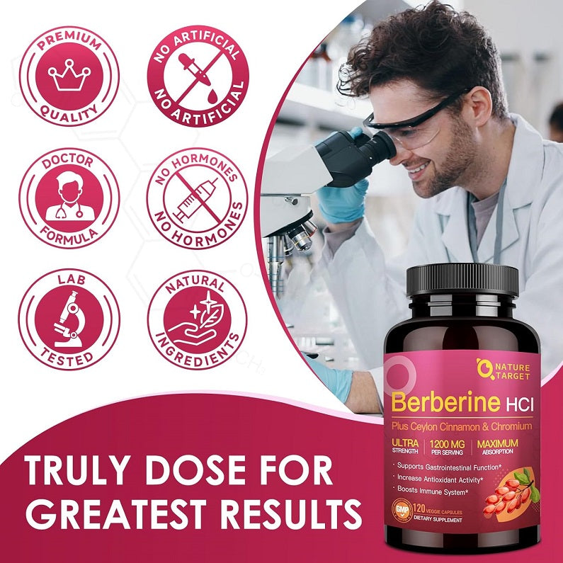 Berberine HCl supplement bottle with quality seal icons on pink banner