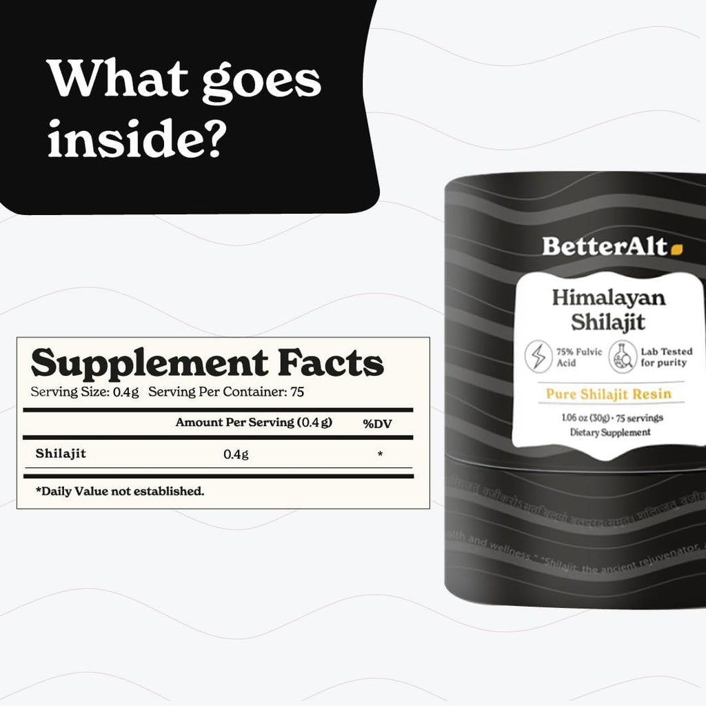BetterAlt Himalayan Shilajit resin supplement pouch with label and supplement facts