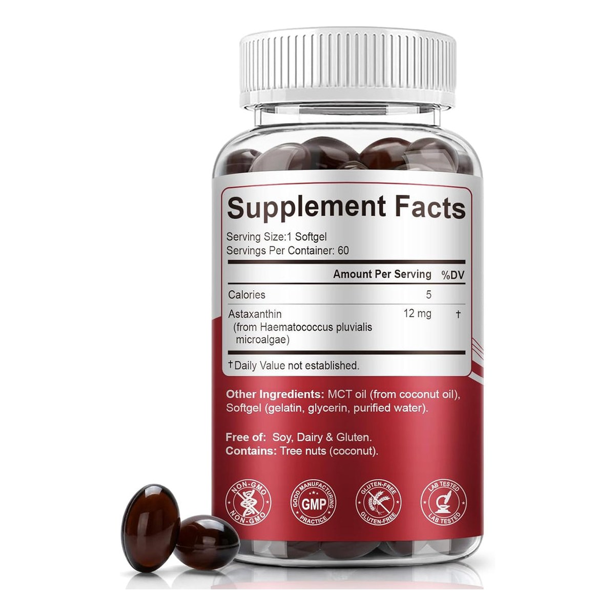 BEWORD Astaxanthin 12mg softgel bottle with MCT oil and dark gel capsules