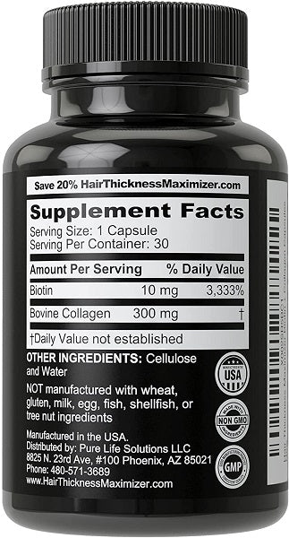 Black biotin collagen supplement bottle back label with Supplement Facts panel