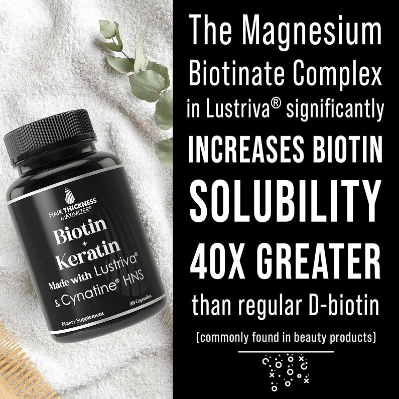 Biotin + Keratin supplement bottle with Lustriva® and Cynatine HNS label