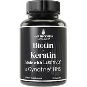 Biotin + Keratin hair supplement bottle with black cap and Lustriva® label