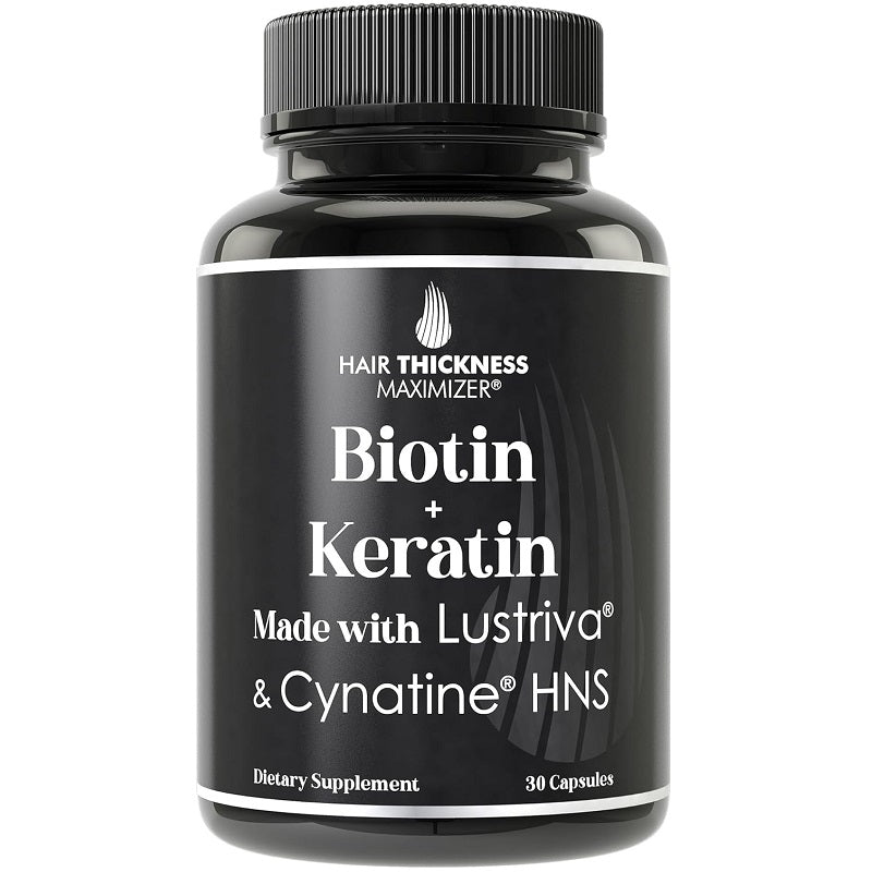 Biotin + Keratin hair supplement bottle with black cap and Lustriva® label